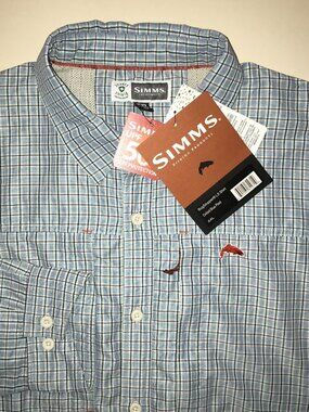 Men's Simms BugStopper Long Sleeve Oxford Blue Plaid Button Up Shirt-Size: 2XL